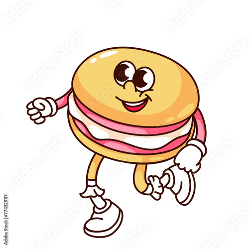 Groovy macaroon cartoon character running with happy smile. Funny retro cake with strawberry flavor in hurry, sweet dessert mascot, cartoon macaroon sticker of 70s 80s style vector illustration