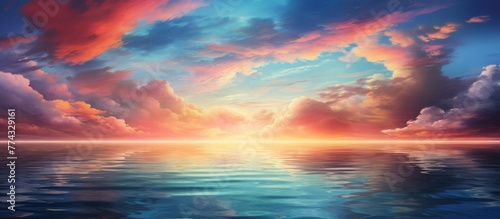 A breathtaking artwork capturing the serene beauty of a sunset descending over the vast ocean, illuminating the sky with vivid hues