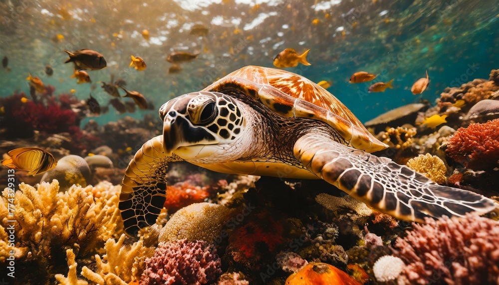 Sea turtle swimming on group of colorful fish and sea animals with colorful coral underwater in ocean Sea turtle swimming on group of colorful fish and sea animals with colorful coral underwater in ocean