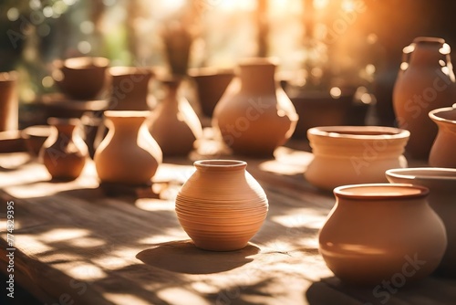 Ceramic clay pottery in the sunlight, dreamy atmosphere, soft focus background with copyspace