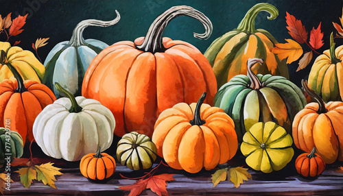 Pumpkins and gourds of different shapes and sizes.