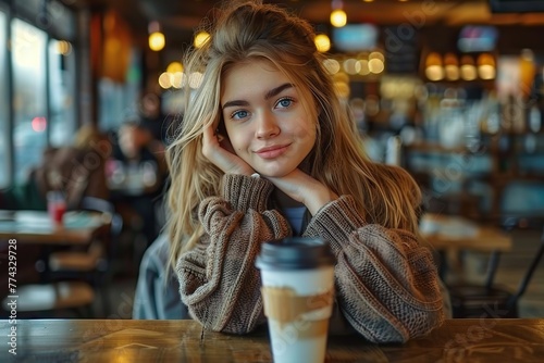 Golden Solitude Portrait of a Young Woman Enjoying a Warm Cup of Coffee in a Bustling Urban Cafe © photobuay