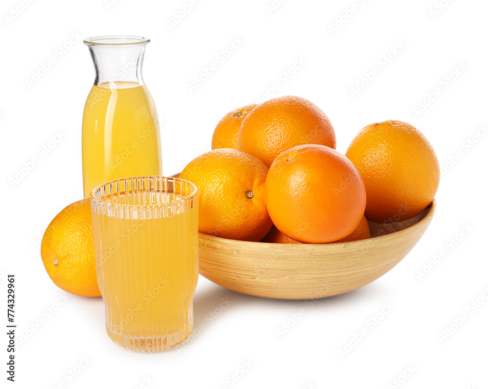 Fresh oranges in bowl and juice isolated on white Fresh oranges in bowl and juice isolated on white