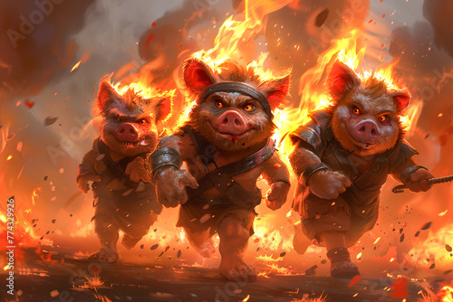 Three animated pigs in combat gear charging through a fiery battlefield with intense expressions.