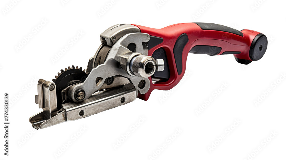 A red and black tool rests gracefully on a white background, showcasing its sleek design and functionality