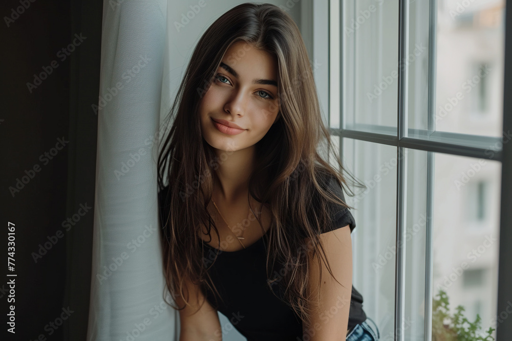 tender sensual portrait of a young girl against the background of a window tender sensual portrait of a young girl against the background of a window