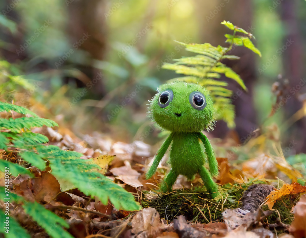 Funny green doll in the autumn forest. Selective focus. Funny green doll in the autumn forest. Selective focus.