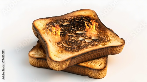 Burnt toast on white background, charred bread, breakfast gone wrong. Simple image perfect for kitchen humor. Overcooked, food waste concept. AI photo