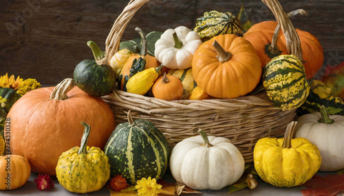 Pumpkins and gourds in a basket display.