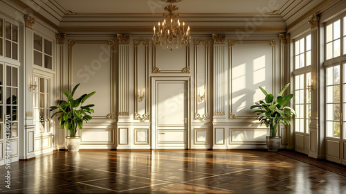 Elegant interior with ornate gold trimmings and sunlight casting shadows