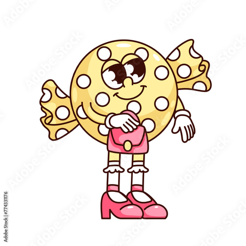 Groovy wrapped candy cartoon character with girly pink shoes and handbag. Funny retro candy with yellow and white polka dot wrapper, sweets mascot, cartoon sticker of 70s 80s style vector illustration