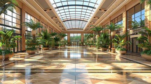 Spacious atrium with tropical plants and skylight