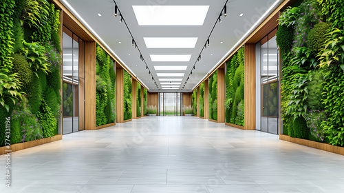 Spacious corporate hallway with vertical gardens and modern wooden accents © IntDyz