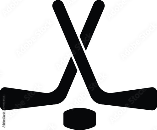 Hockey icon . Crossed hockey sticks and puck icon . Vector illustration