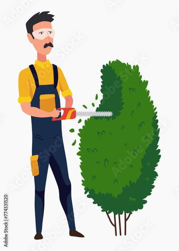 Professional gardener pruning tree with pruners or garden shears. Man working with shrubs in backyard. Colored flat vector illustration of worker in uniform isolated on white background