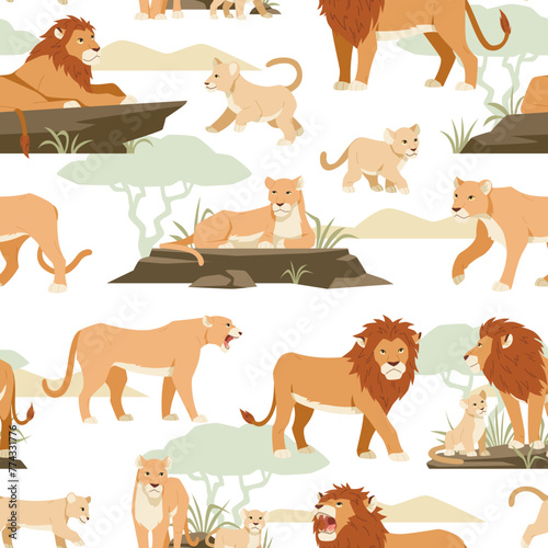 Lions seamless pattern. Jungle animals relax in savannah, lionesses, cubs, feline family, large predator, wild fauna. Decor textile, wrapping paper. Print for fabric tidy vector background