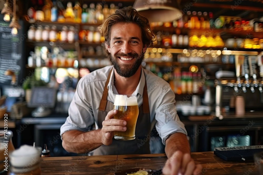 Exemplary Service in Action A Happy, Dedicated Waiter Expertly Balancing Multiple Beer Glasses, Serving Customers in a Bustling. Exemplary Service in Action A Happy, Dedicated Waiter Expertly Balancing Multiple Beer Glasses, Serving Customers in a Bustling.
