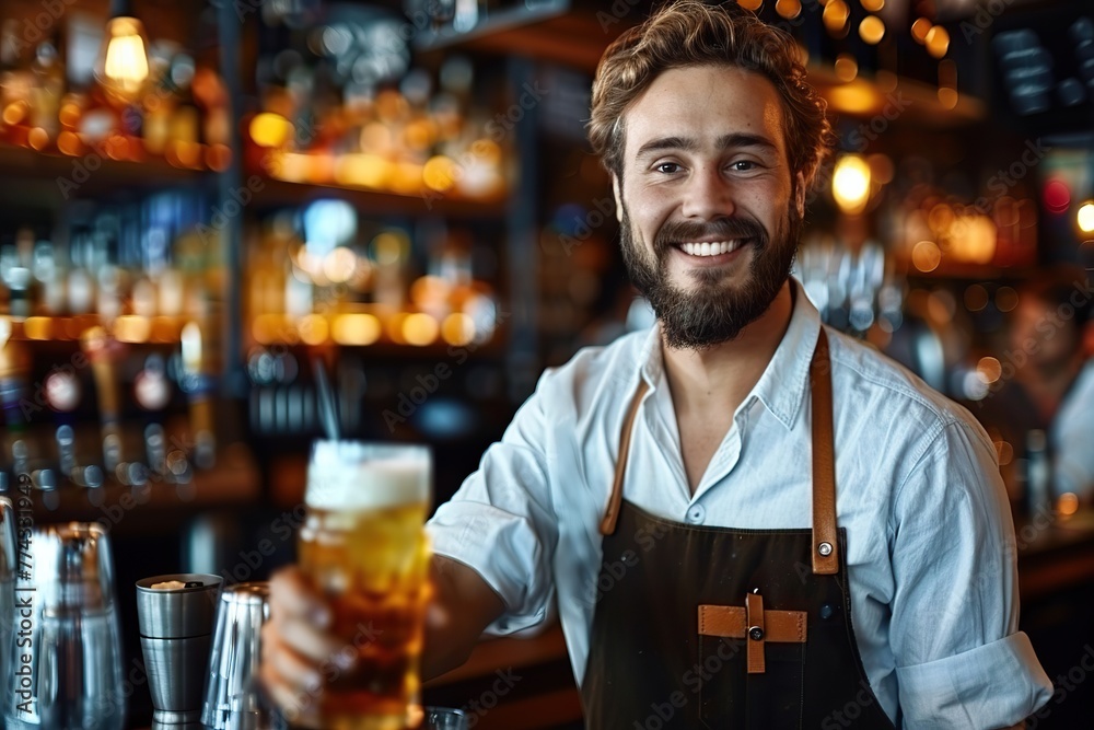Exemplary Service in Action A Happy, Dedicated Waiter Expertly Balancing Multiple Beer Glasses, Serving Customers in a Bustling. Exemplary Service in Action A Happy, Dedicated Waiter Expertly Balancing Multiple Beer Glasses, Serving Customers in a Bustling.