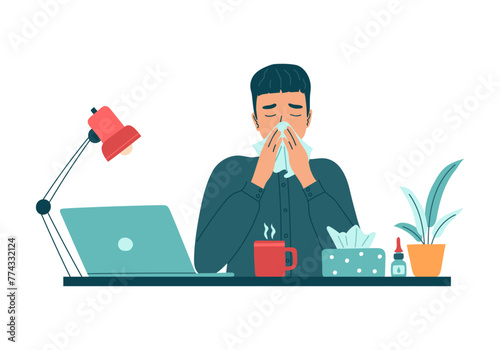 Sick man employee with runny nose and hanky work on laptop. Unhealthy male worker feel sick virus, busy with online job. Guy use medicine from fever, flu or cold. Isolated vector illustration