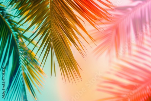 Colorful palm leaves on pastel background with gradient effect Abstract summer concept Generative AI © SKIMP Art
