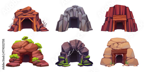 Cave entrances. Mountain doors in mines, mineral extraction, holes in stones, cliffs and hills. Abandoned caverns with moss and cobwebs, landscape cartoon isolated tidy vector tunnels set