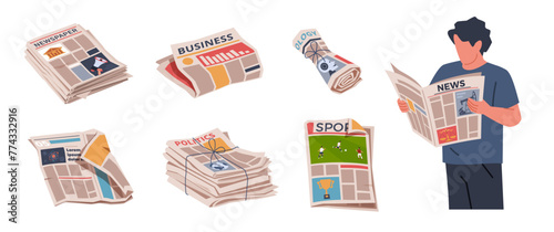 Cartoon periodical newspapers. Rolls, stacks, folded press, man reads periodicals, daily news, columns and publications, business and sport media information, nowaday vector isolated set © YummyBuum