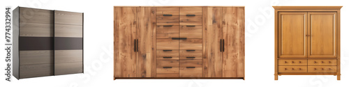 Set of wooden wardrobes isolated on a white or transparent background. Closed modern wardrobes, close-up, front view. Graphic design element on the theme of furniture.
