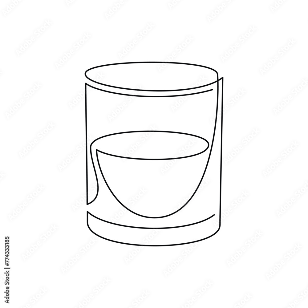 Whiskey brandy bourbon drink glass line continuous drawing. Hand drawn vector illustration. Linear silhouette. Minimal design, print, banner, card, bar wall art poster, brochure, menu, logo, sketch. - obrazy, fototapety, plakaty 