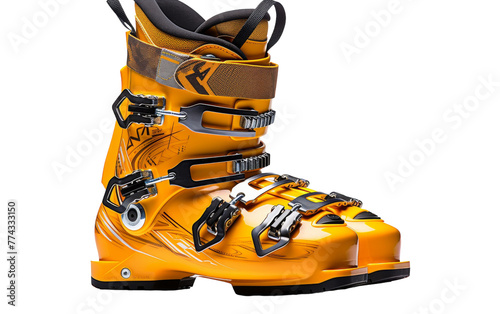 A vibrant pair of yellow ski boots standing out on a clean white background photo