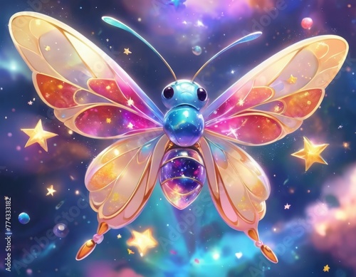 A whimsical illustration of a sparkling firefly with translucent wings amidst a cosmic background, radiating a sense of magic and wonder