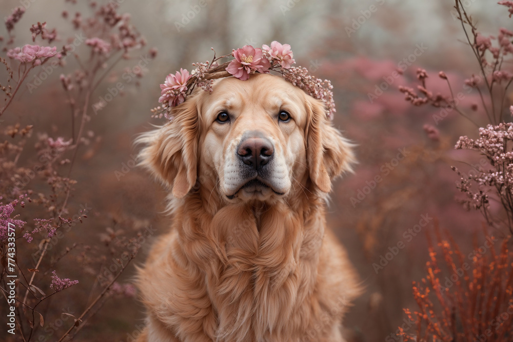 Golden Retriever Wearing a Flower Crown in a Flowering Field Serene and Calm