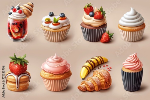 Modern icons set of cocktails, desserts, cupcakes, cakes, strawberries, watermelon, bananas, chocolate, ice cream, honey, croissants, donuts, candy, and croissants.