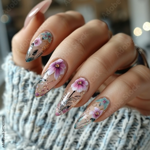 Long sharp nails painted with flowers and abstract patterns. Concept: Nail art, nail design, manicure workshop, femininity and sophistication. © Marynkka_muis