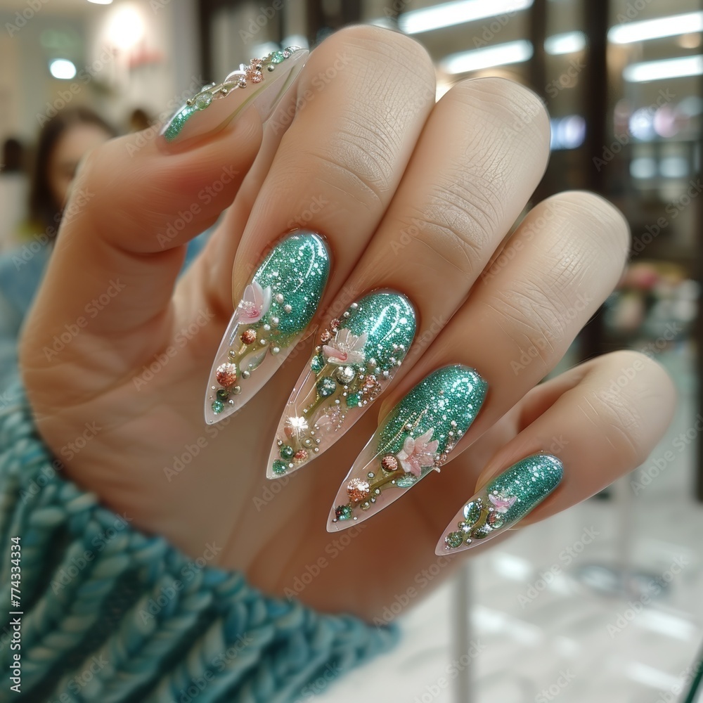 Long sharp nails painted with flowers and abstract patterns.
Concept: Nail art, nail design, manicure workshop, femininity and sophistication. Long sharp nails painted with flowers and abstract patterns.
Concept: Nail art, nail design, manicure workshop, femininity and sophistication.