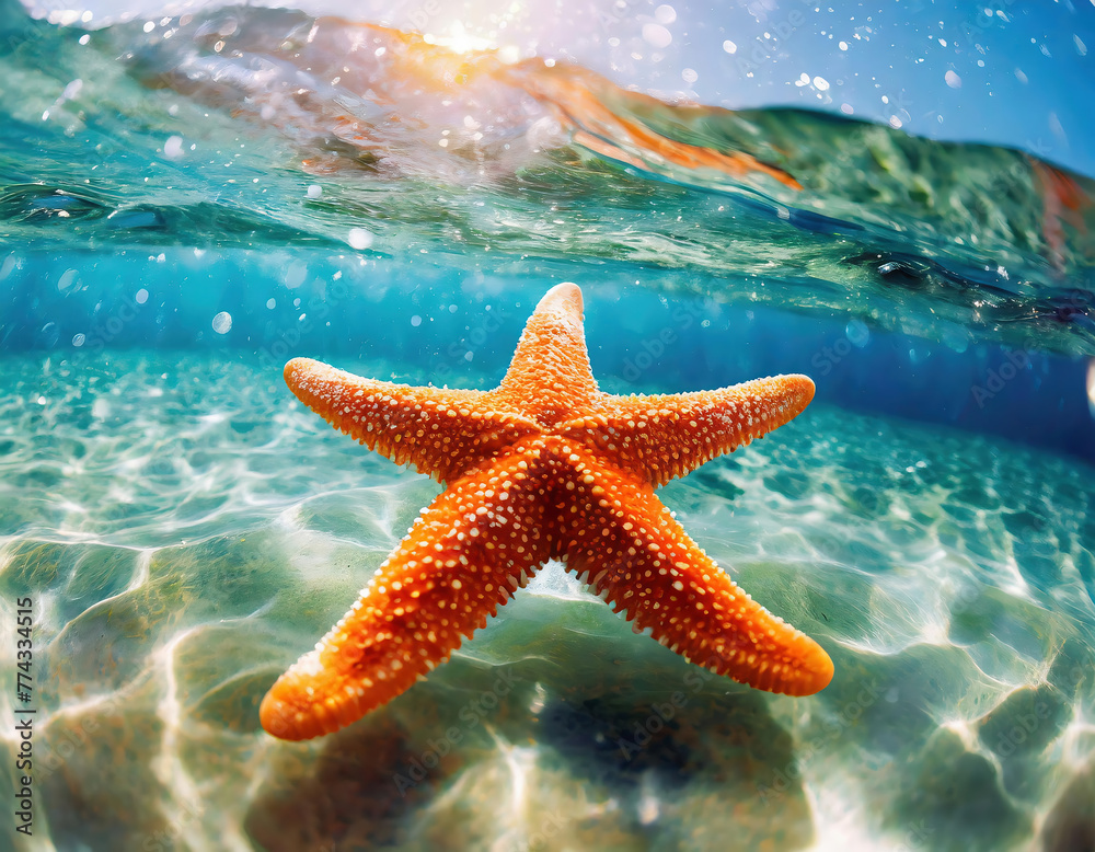 Discover the beauty of the sea with orange starfish on the bright ocean. Holiday concept Discover the beauty of the sea with orange starfish on the bright ocean. Holiday concept
