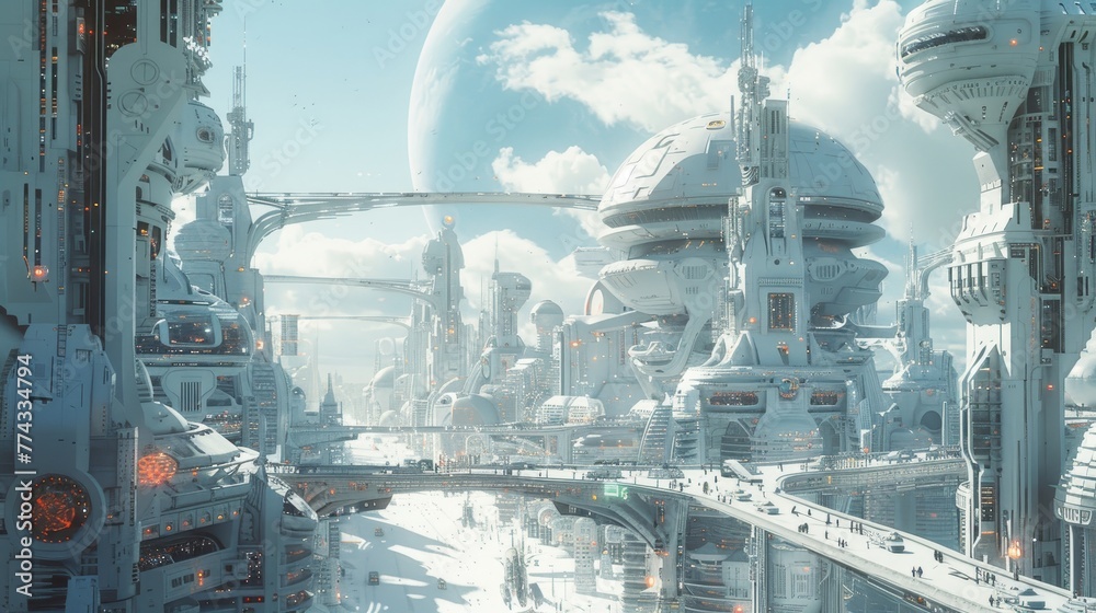 A futuristic cityscape with a large planet in the background. The buildings are tall and white, and there are many people walking around. Scene is one of wonder and excitement