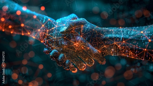 A handshake between two people is shown in a digital form. Concept of a connection between two individuals, possibly in a professional or personal setting