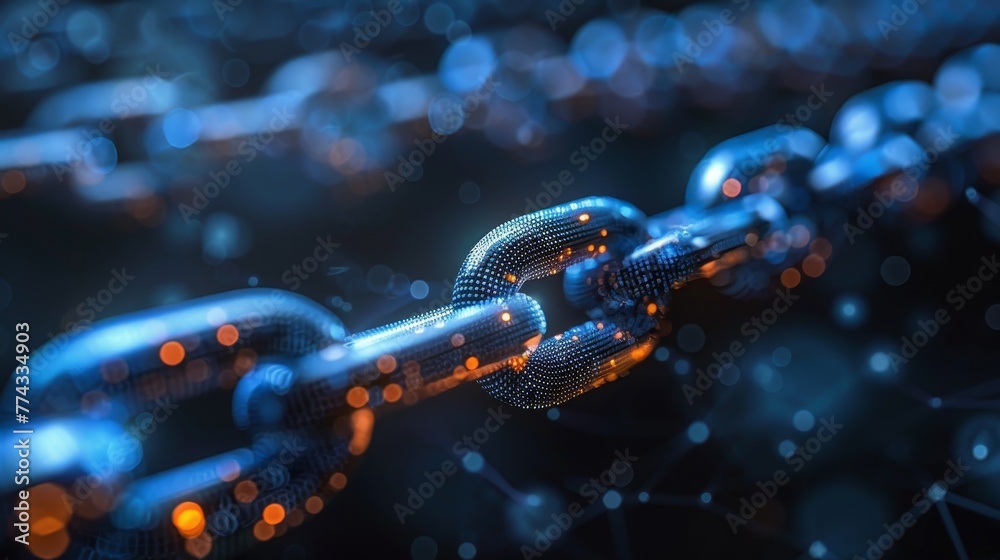 A chain of links with a blue background. The chain is made of small, glowing links. The chain is a representation of a network of connections
