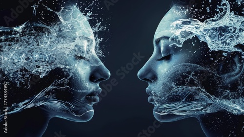 Two women's faces are shown in a blue watery background. The water is flowing and splashing around them, creating a sense of movement and energy