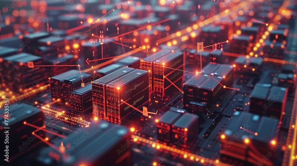 A cityscape with buildings and lights that are glowing in the dark. The city is full of technology and is lit up with neon lights A cityscape with buildings and lights that are glowing in the dark. The city is full of technology and is lit up with neon lights