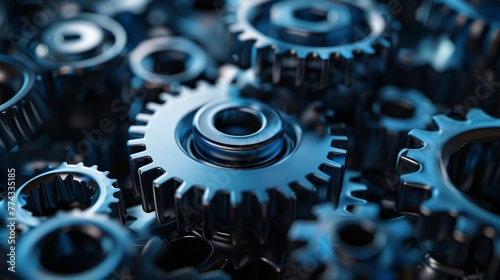 A close up of many gears with a metallic look. The gears are all different sizes and shapes