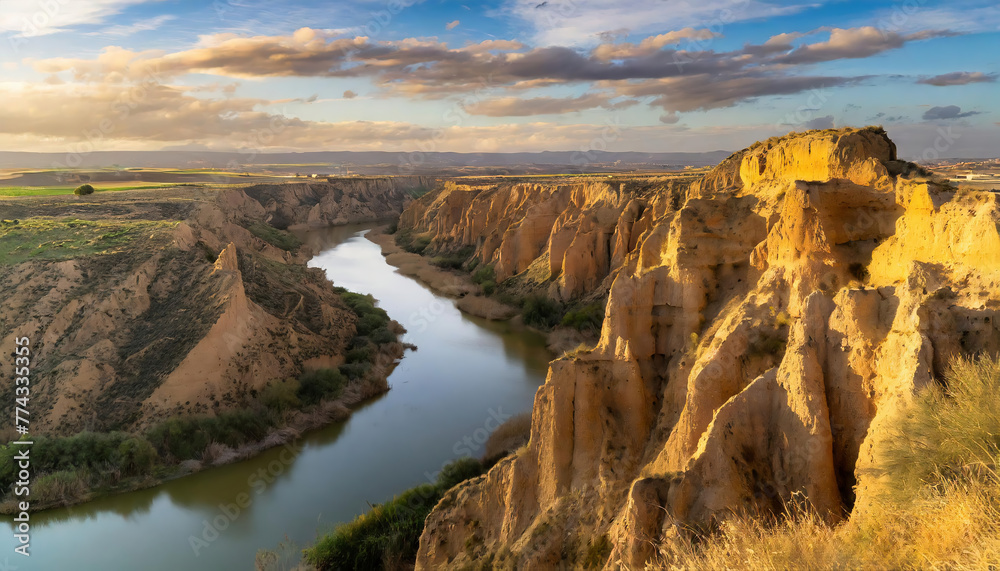 River and desert land in a canyon with enchanting  sunset colors in the sky