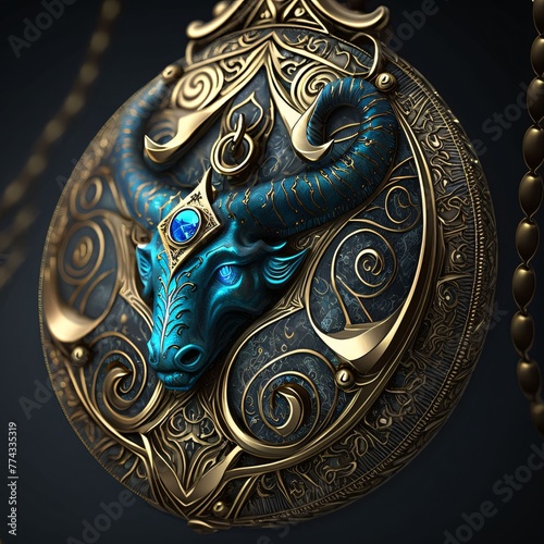 3D illustration of a fantasy dragon with a golden ornament on a black background