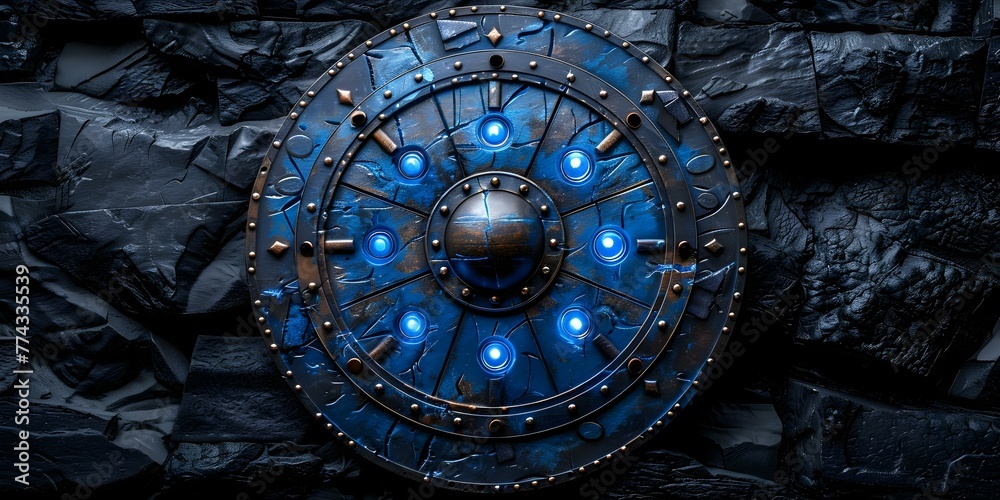 Fototapeta premium Enchanted Viking Shield: Blue Glowing Design on Black Background. Concept Fantasy Art, Viking Culture, Enchanted Shield, Blue Glowing Design, Black Background