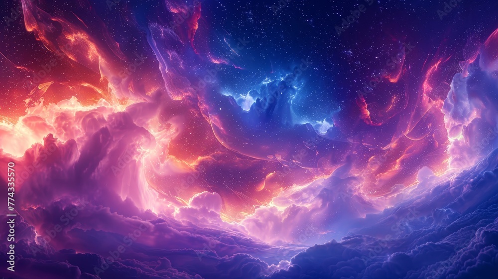 A colorful space scene with pink, blue, and purple clouds and stars. The sky is filled with a variety of colors and shapes, creating a sense of wonder and awe
