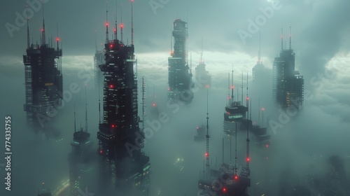 A cityscape with tall buildings and a foggy atmosphere. The buildings are lit up at night, creating a moody and mysterious atmosphere