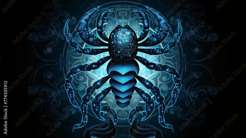 Digital illustration of a spider in colour background with blue floral ornament. Digital illustration of a spider in colour background with blue floral ornament.