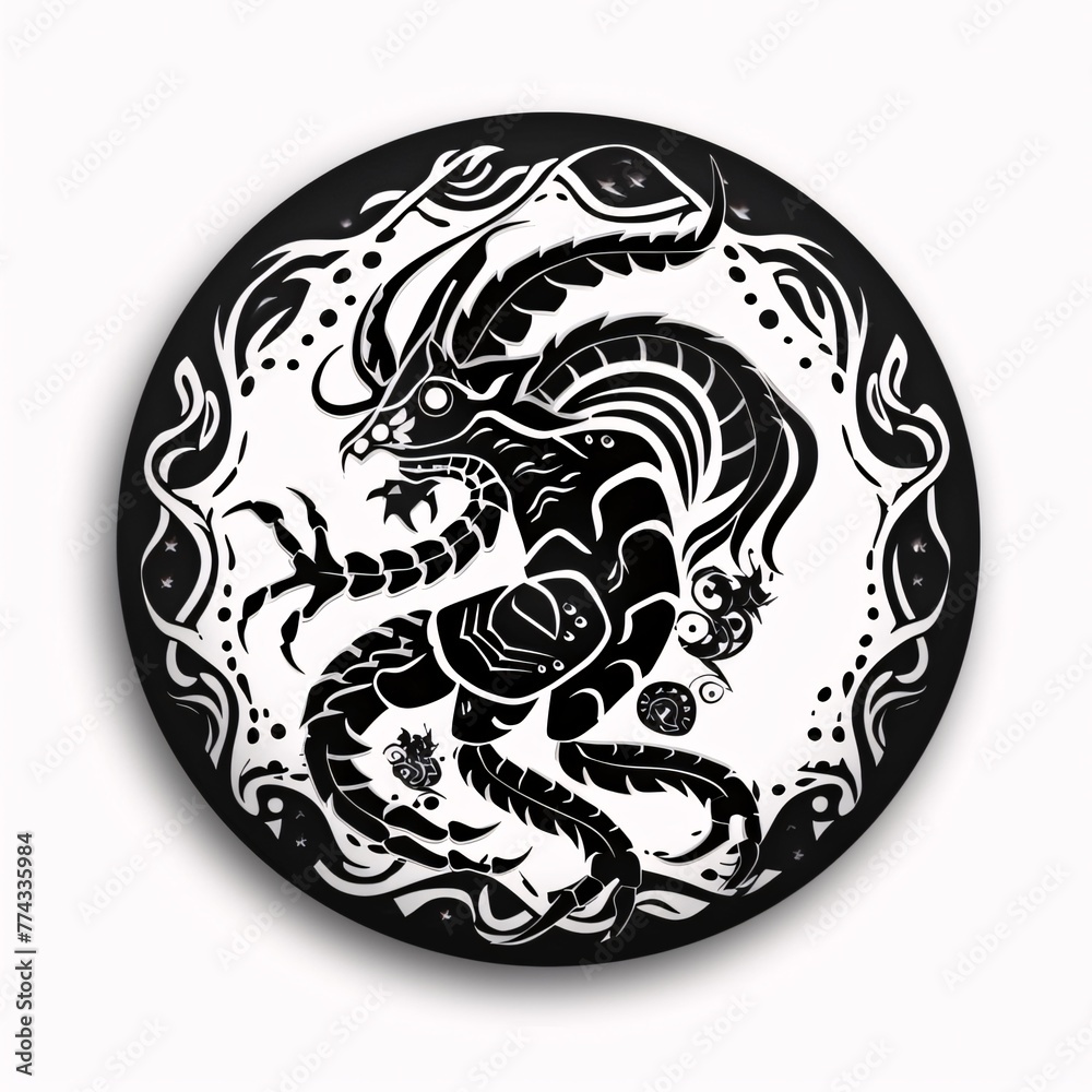 Dragon on a black circle. Chinese zodiac sign. Isolated on white background.