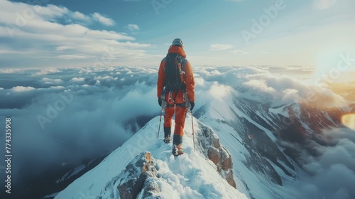 A man in an orange jacket is standing on a snow covered mountain peak. The sky is cloudy and the sun is setting. The man is wearing a backpack and he is a climber