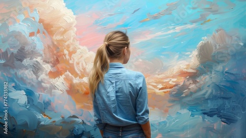 A woman stands in front of a painting of a cloudy sky. The painting is full of colors and brushstrokes, giving it a dreamy and ethereal quality. The woman is admiring the artwork, taking in the beauty